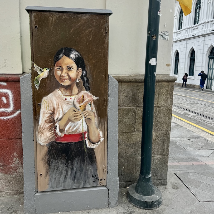 Hand-painted portrait of a local Cuenca character on a metal utility box by Roberto Bravo in Cuenca, Ecuador