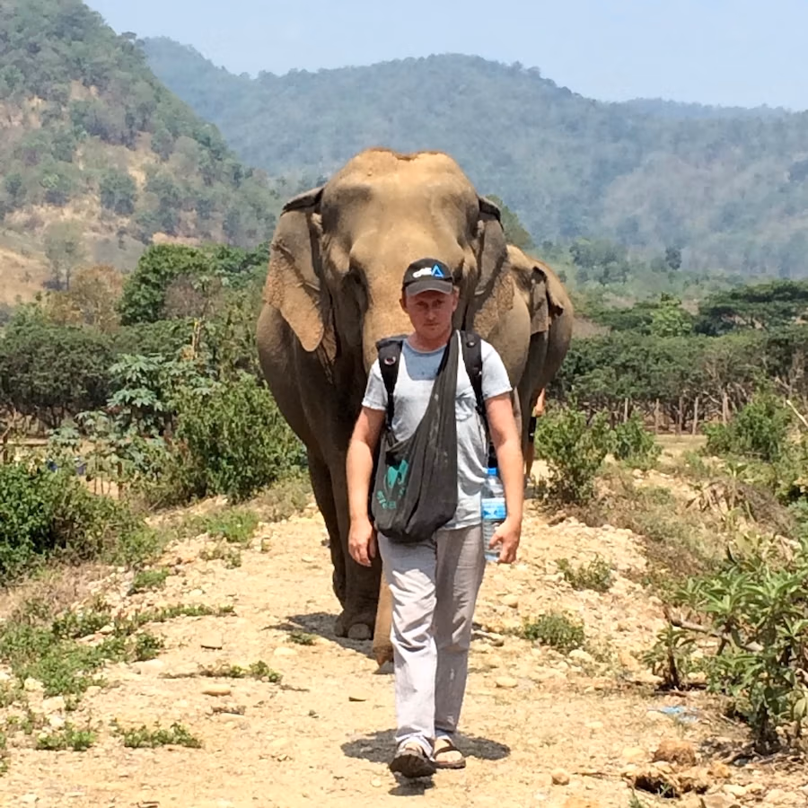 man walking in front of elephant