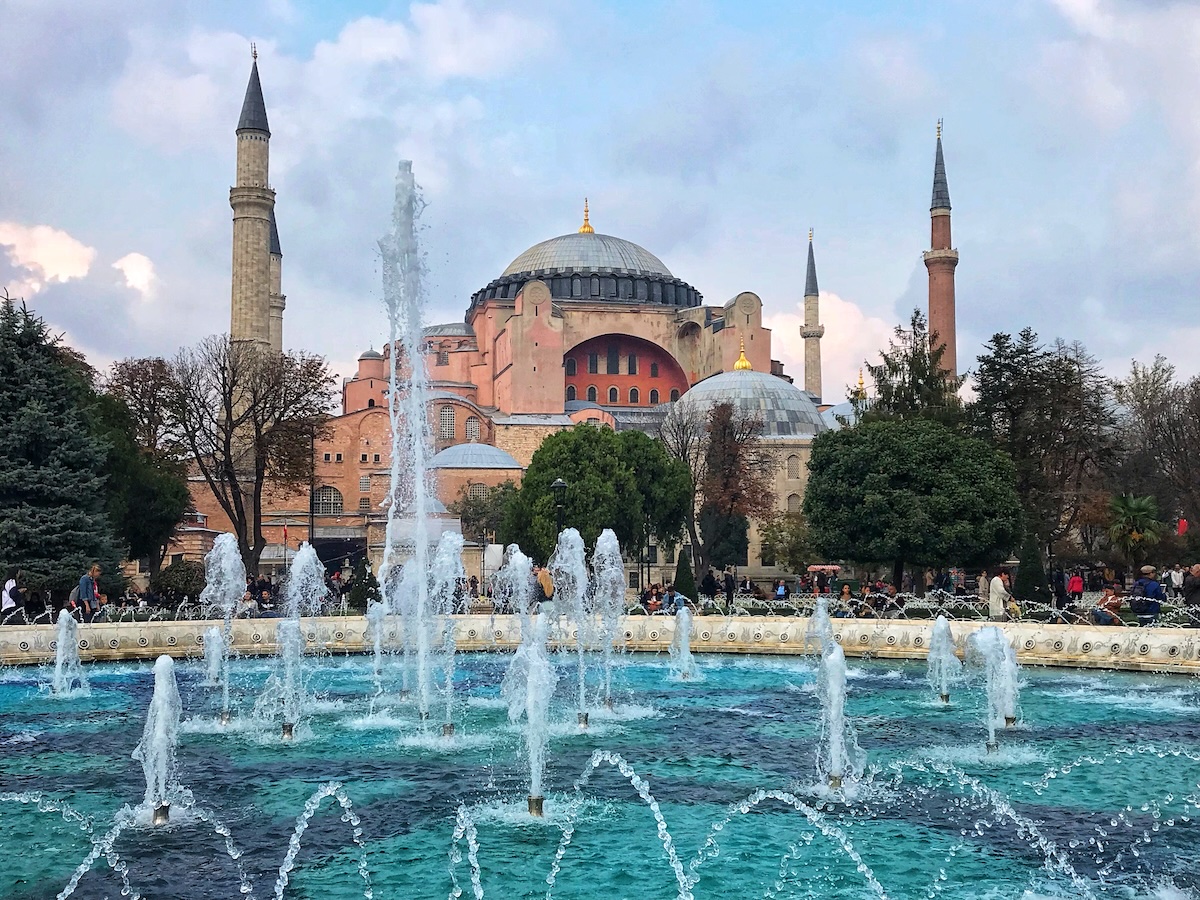 mosque with fountain in foreground
