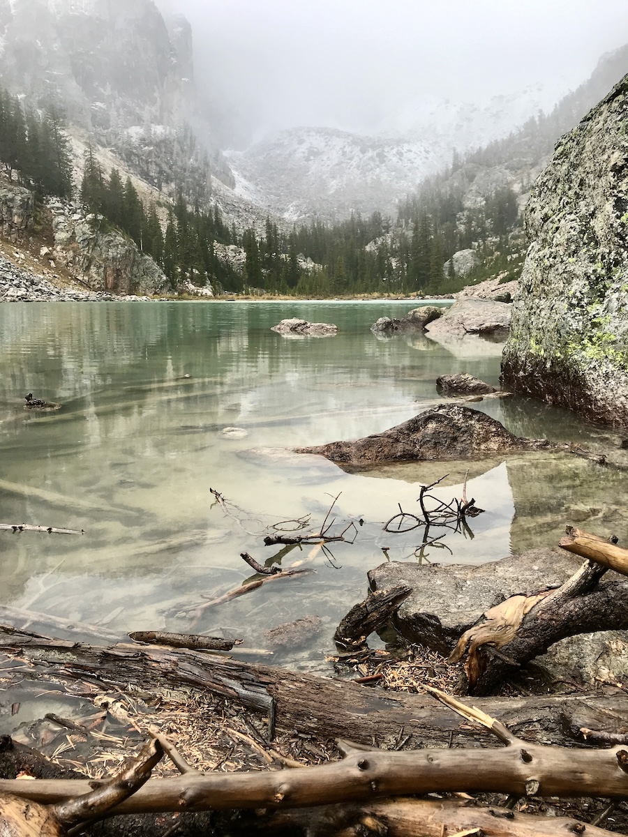 Surreal view of lake with relection and rocks and logs