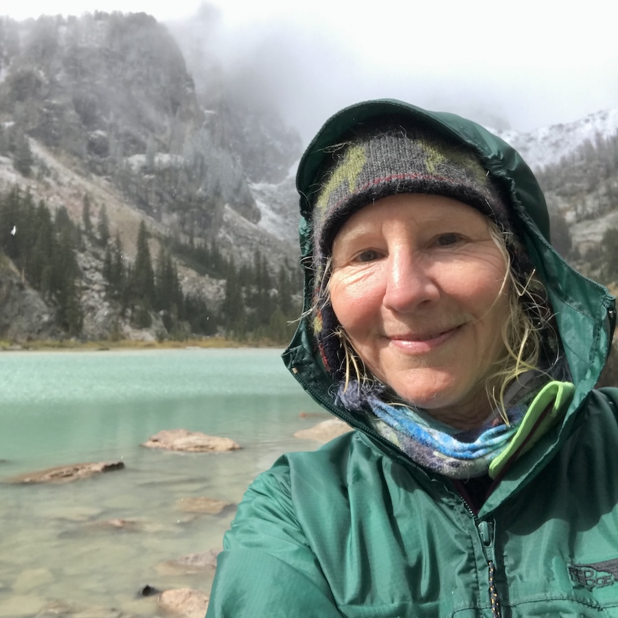 Women with green raincoat and high alpine lake in the backround