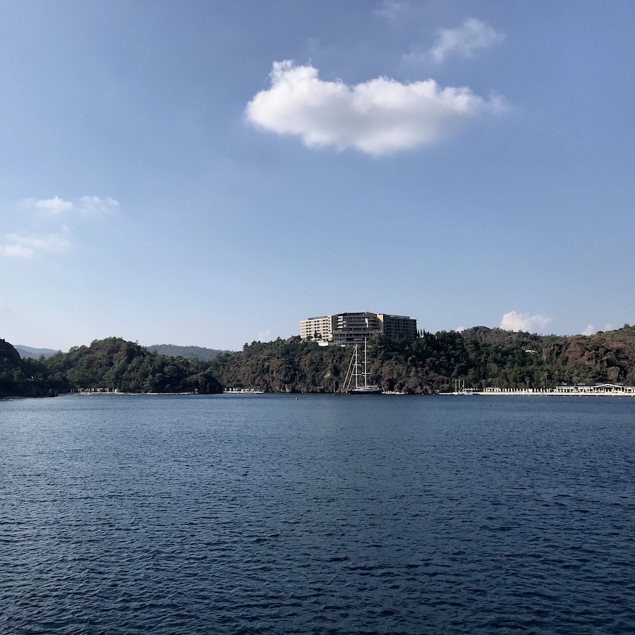Distant view of D Maris Bay resort from the sea