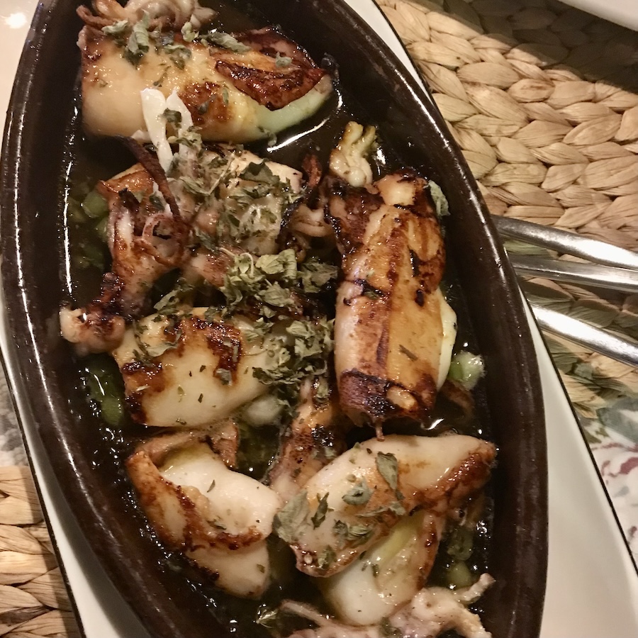 A plate of fresh squid garnished with local herbs, served directly from the sea at Esinti Restaurant.